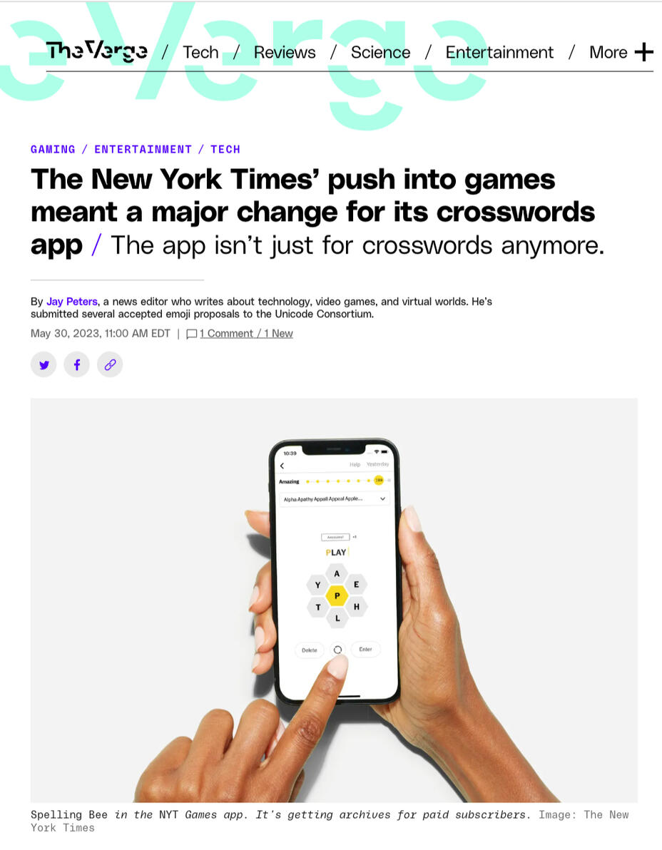 Article from the website The Verge saying "the app isn't just for crosswords anymore."